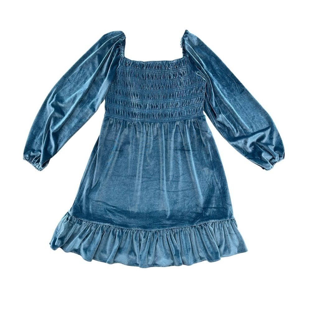 NEW Women's Medium BLUE Coquette Velvet Peasant Whimsical Smocked Flowy Dress